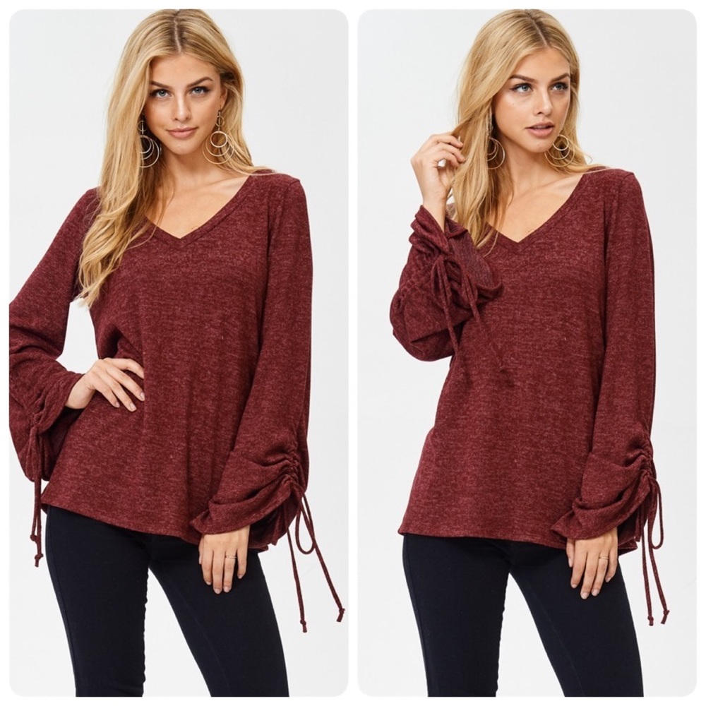 Burgundy V-Neck Drawstring Bell Sleeve Sweater - Picture 2 of 3